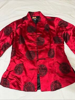 Vintage 1963 Red Satin Chinese-Style Jacket with Black Medallion Accents